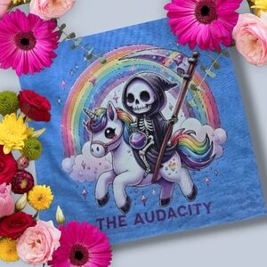 NEW! The Audacity Cartooned Grim Reaper Riding Unicorn Casual Crew Neck T-Shirt